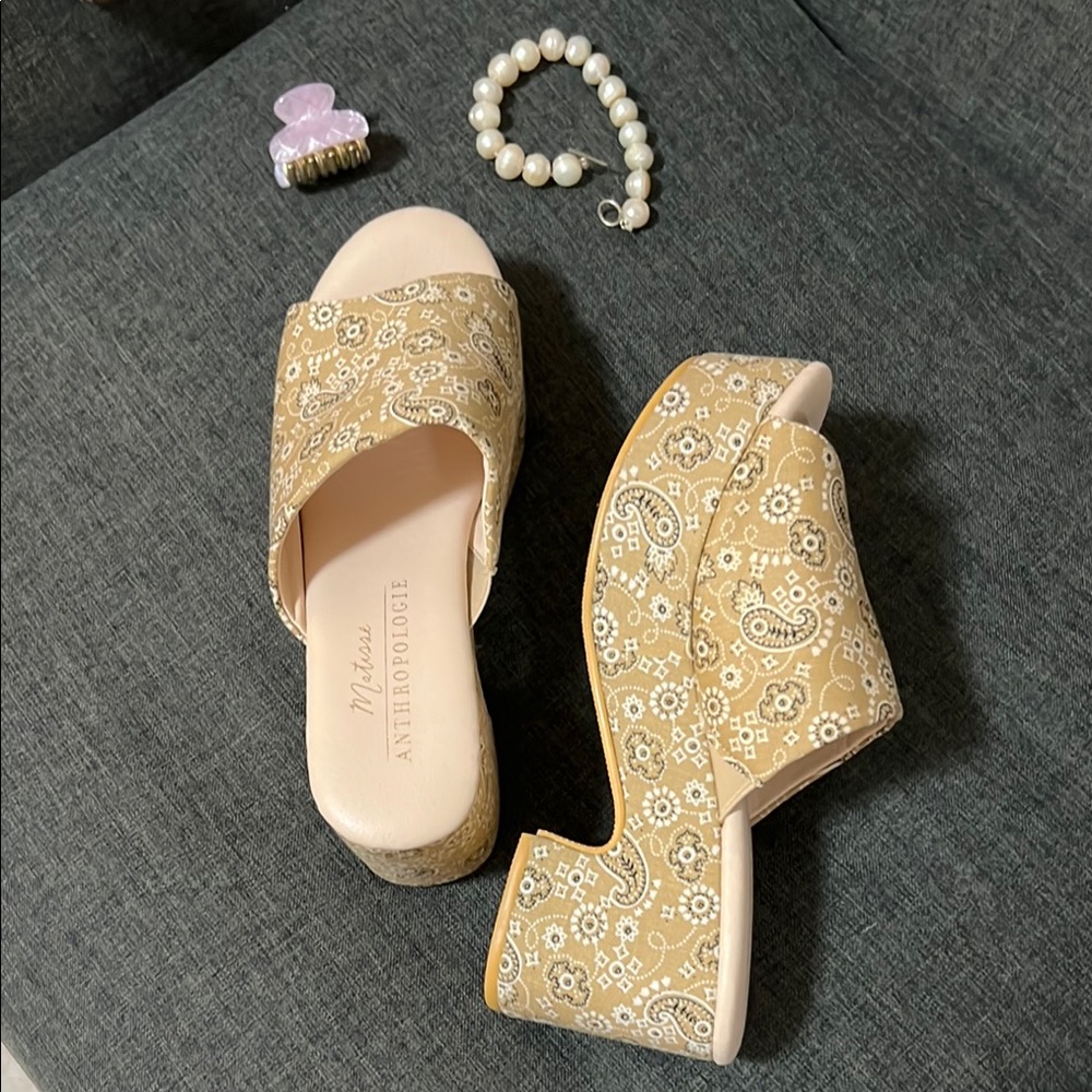 Anthropologie Tan Mules with Metallic Detail
